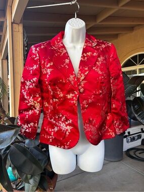 Red Floral Satin Cropped Blazer Jacket - Women's Elegant Cropped Blazer